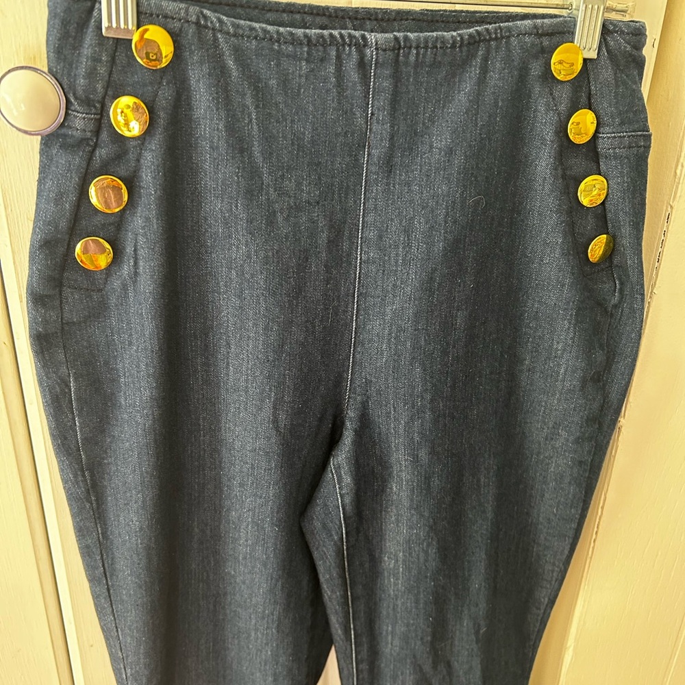 EUC INC DESIGN Gold Button Dark Blue Jeans Pull-On Flare Wide Leg ๐TRENDY! - Picture 13 of 16